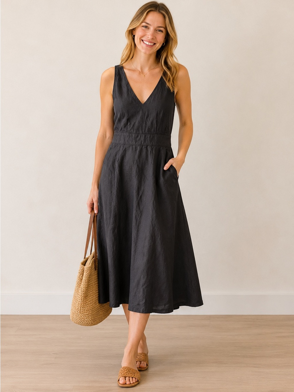 Cythia Rowley Black 100% Linen Sleeveless Midi Dress